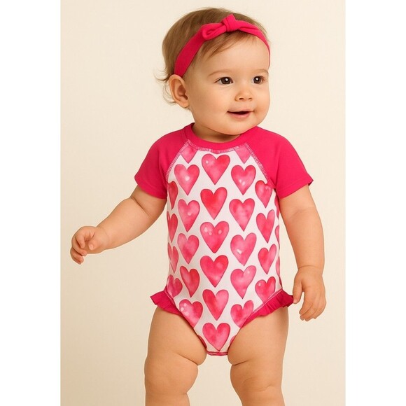 Floatimini Baby Girl Swimsuit 12M | Pink Heart Rash Guard | Zip Back Ruffle Legs - Picture 1 of 4